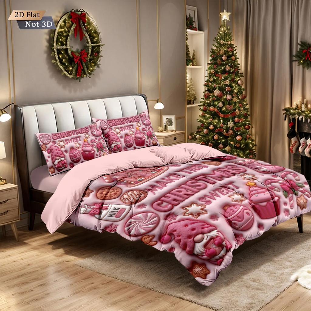 3pcs Pink Imitation Bedding Set Relief Christmas Dwarf Print Coreless Duvet Cover Set Soft Dormitory Bedroom Decor Multiple Size