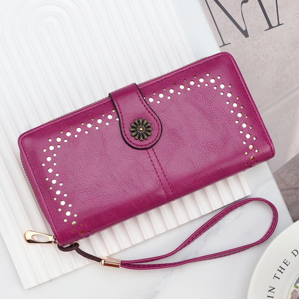 Women's Oil Wax Leather Zip Wallet with Hollow Pattern and Card Holder