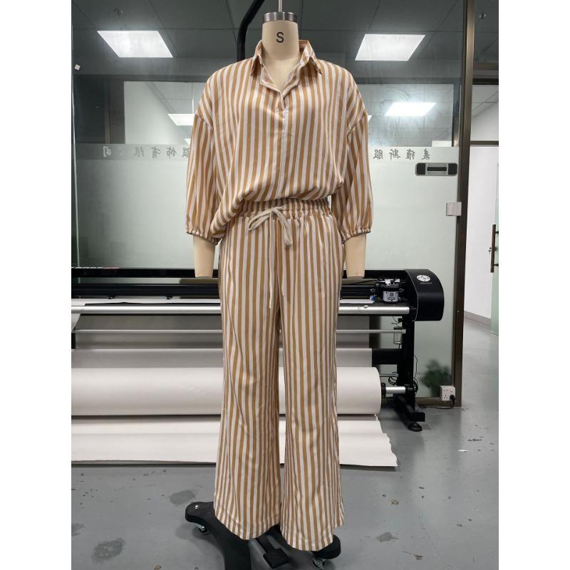 Women Fashion Striped Long Sleeve Shirt Loose Pants Two Piece Casual Set