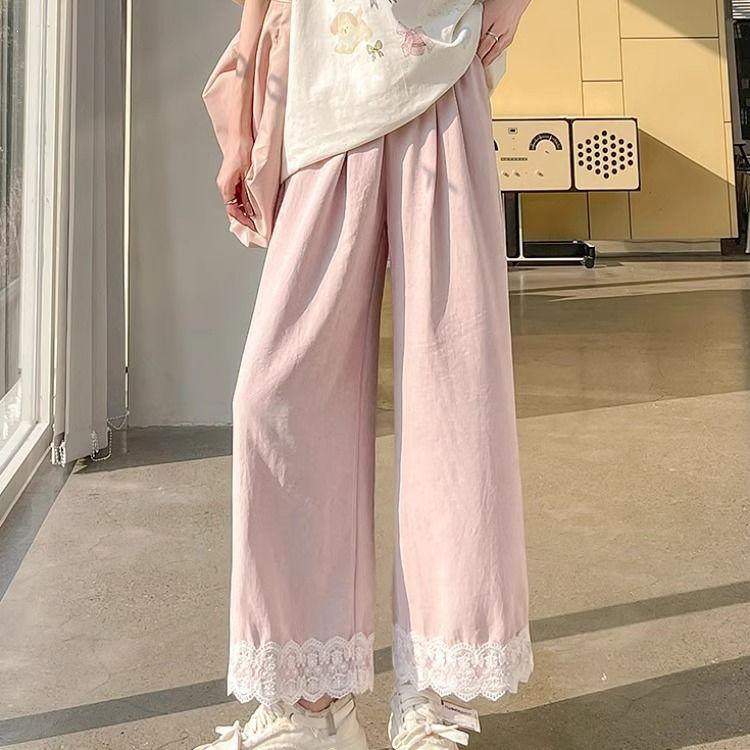 Women's Summer Ice Silk Wide-Leg Pants with Lace Trim by Yamamoto