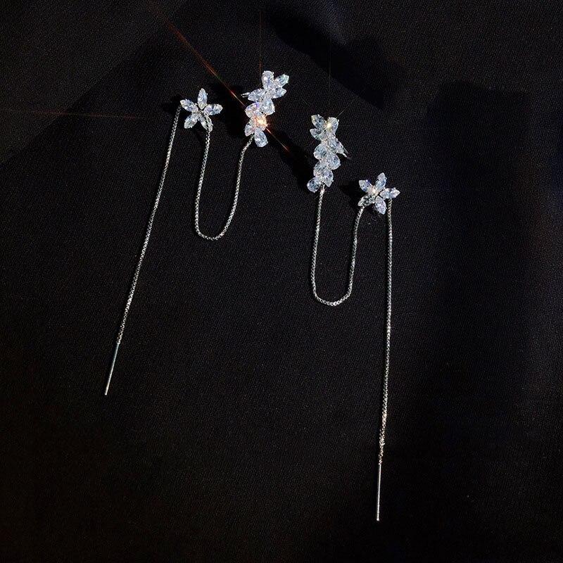 Earrings Jewelry Fashion Personality Zircon Ear Clip Long Earrings Crystal Flower Tassel Cuffs Stud Earrings