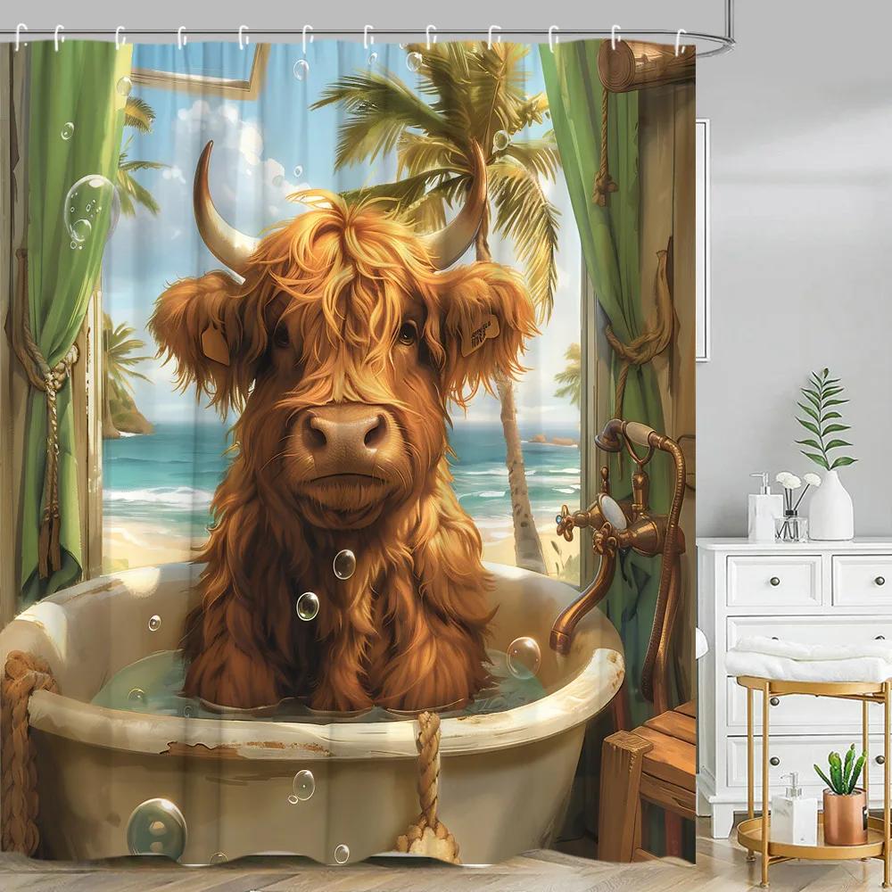 Funny Highland Cow Shower Curtain Farm Cartoon Pig Dog Flower Plant Rustic Farmhouse Kid Polyester Fabric Bathroom Decor Curtain
