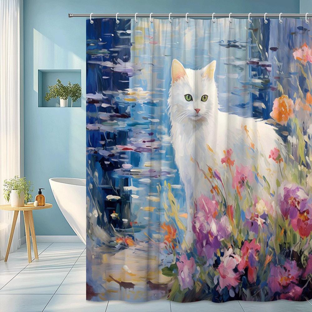 

White Cat In Flower Garden Shower Curtain Watercolor Style Artistic Scene Whimsical Pet Lover Decor Waterproof Elevate Space W60H190(CM)-1 Pcs
