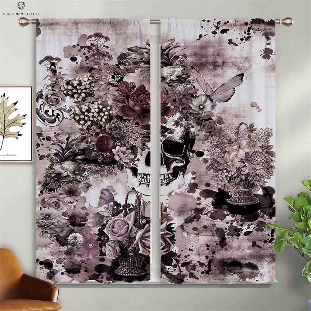 Skull Stealing Floral Creative Print Curtains, Suitable for Living Room, Dining Room, Study Room, Halloween Decoration