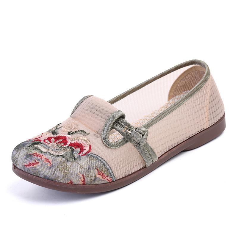 Summer New Middle-aged and Old Mesh Hollowed-out Hanfu Embroidered Shoes with Soft Soles and One Pedal Cloth Shoes for Women
