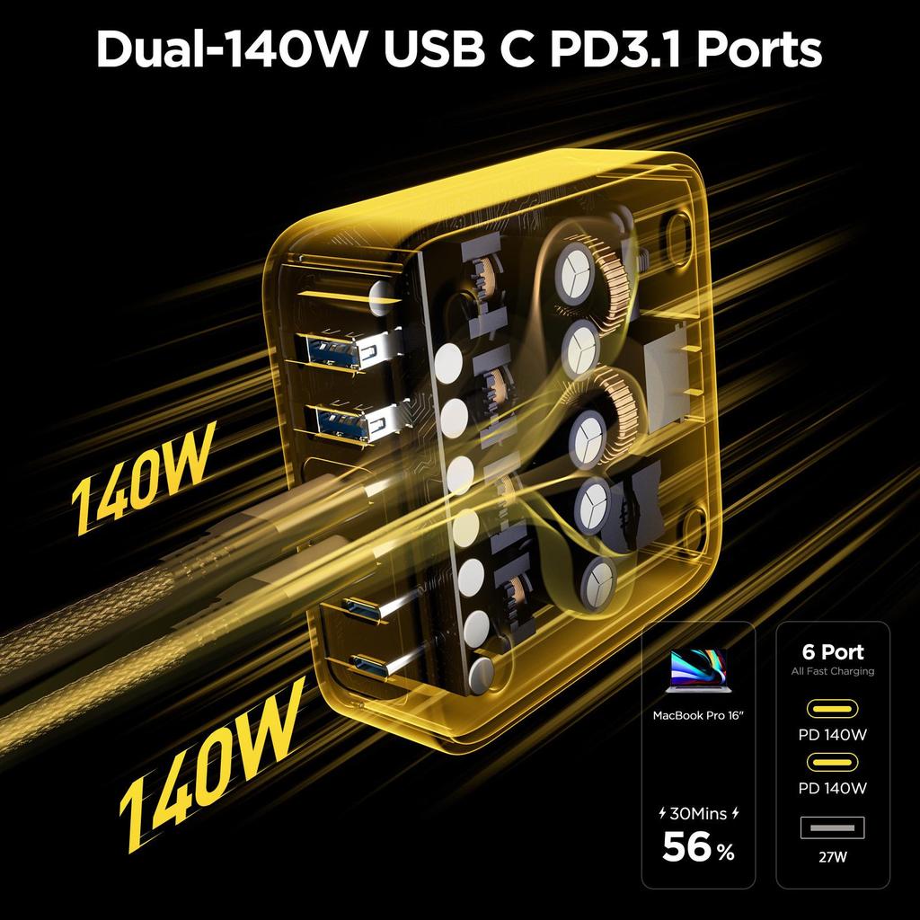240W Multi-Port USB GaN Charger with PD3.1 and 140W Single-Port Charging