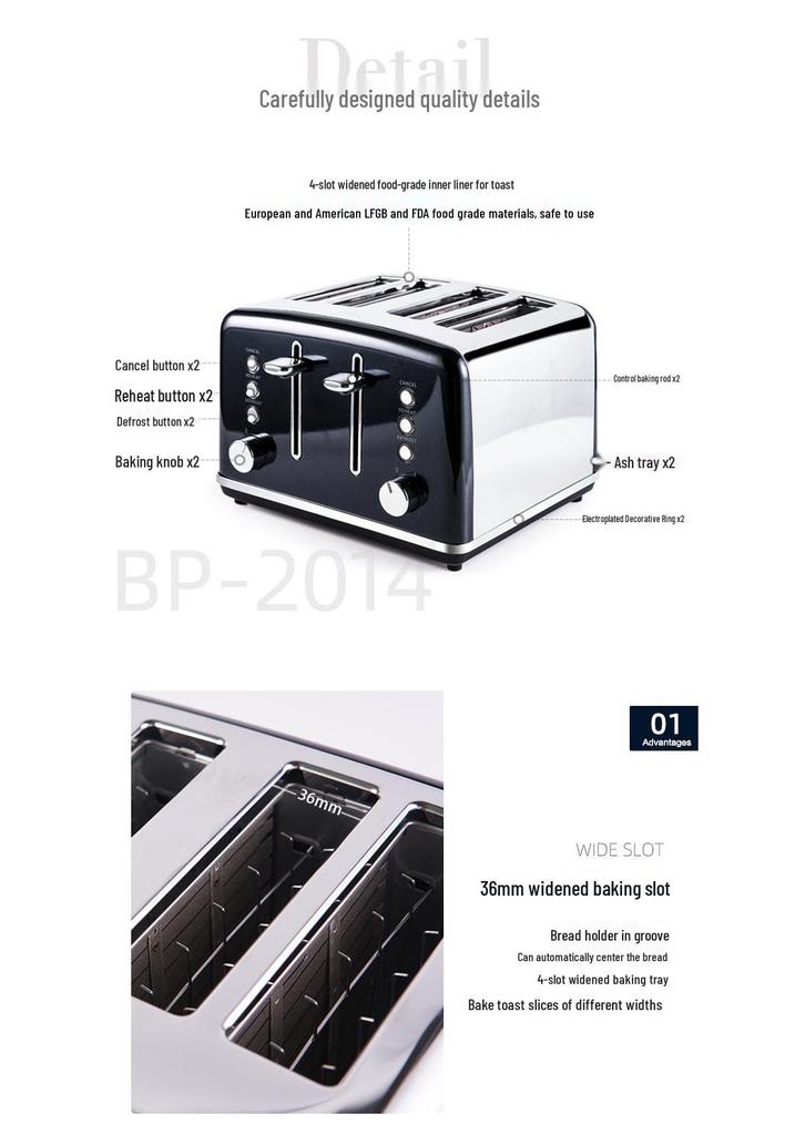 Euro Spec Stainless Steel 4-Slice Toaster Oven with 6 Settings for Home Breakfast.