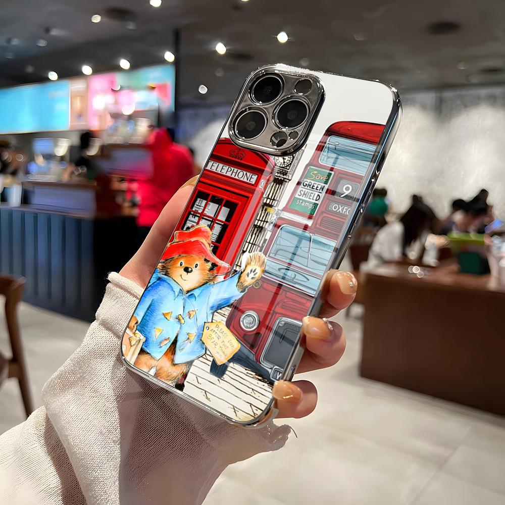 Paddington Bear Phone Case For IPhone 17 Pro Max 15 Pro 16 14 Plus 12 13 Mini 11 Pro Shockproof Electroplated Glass Cover