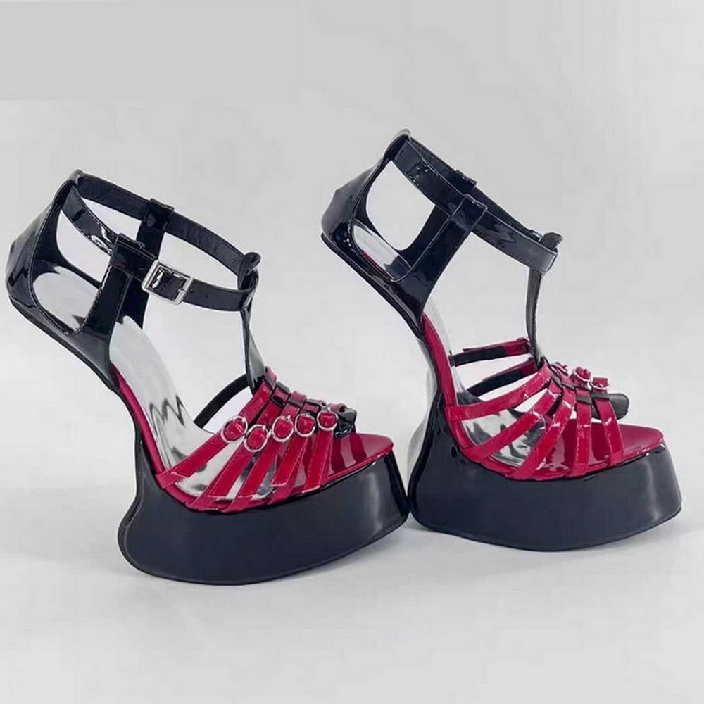 Modelli alla moda con tacco a zoccolo alto 20 cm, Sandali senza tacco per spettacolo sul palco, Scarpe fetish da Pole Dance da uomo, Cinturino alla caviglia, Punta aperta, Rosso, Colori Personalizzati