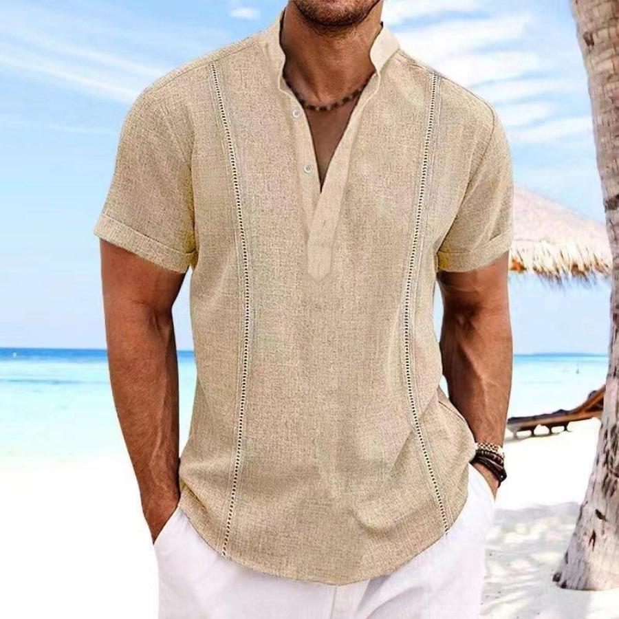 Hallow Stripe Cotton Shirts Mens Vacation Solid Buttons Stand Collar Short Sleeve Shirt Casual Men White Blue Men Clothes
