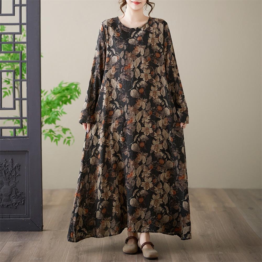 Long Sleeve Plus Size Cotton Vintage Floral New In Dresses for Women Casual Loose Spring Autumn Dress