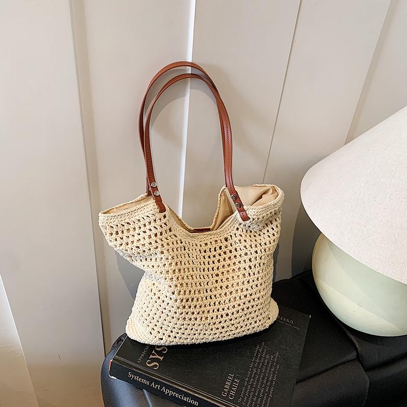 

Large-capacity bag women s new versatile shoulder seaside vacation beach bag woven tote bag бежевый