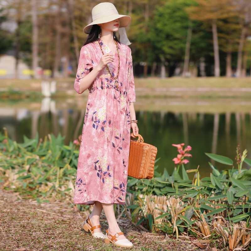 Übergröße V-Ausschnitt Langes Kleid Ethnischer Druck Schlitzärmel Lockere Taille Bindekleider