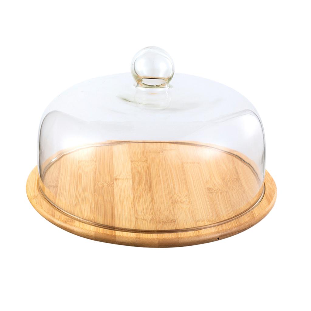 Transparent Dustproof Cake Glass Cover Food Cover Cake Plate Glass Cover With Bamboo Tray Cake Stand Bread Serving Tray Platter