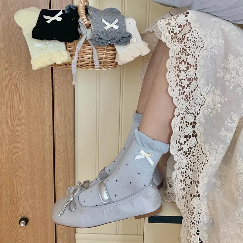 Songmu'S Bow Flower Bud Mouth Polka Dot Boneless Socks New Korean Mid-Tube Socks Women