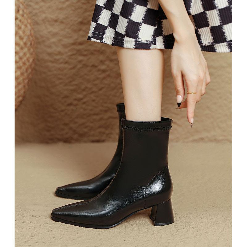 High-heeled short boots women's 2025 autumn and winter new pointed thick-heeled thin boots women's leather boots white French medium boots