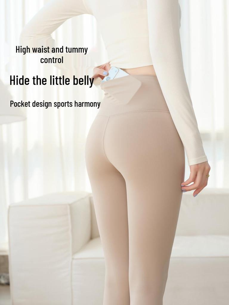 Damen High-Waist Bauchkontrolle Tasche Haifischhaut Leggings: Frühlings-/Herbst-Yogahosen, 9/10 Länge Radsport-Außenbekleidung