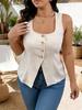 2025 Summer Plus Size Women's Retro Slim Fit Square Neck Dress with Metal Buckle - Cotton Linen