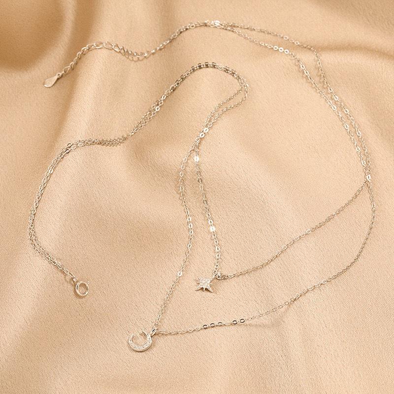 S925 Sterling Silver Star Moon Hexagram Double Layer Necklace for Women - Trendy Collarbone Chain
