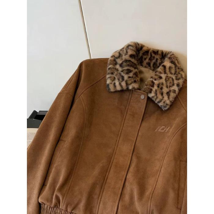 Retro Patchwork Leopard Print Jacket with Suede Plush Lining - Unisex Fashion for Spring/Autumn XL