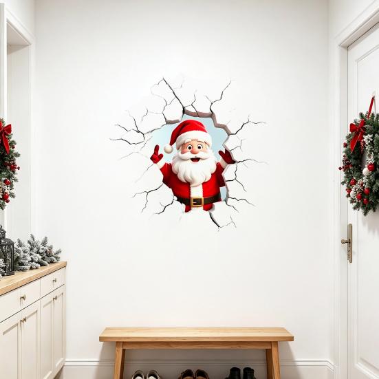 PVC Santa Wall Art for Balcony 3D Claus Sticker, Realistic Breaking Decal Christmas Holiday Decoration, Glass Clings Waterproof Indoor Outdoor Windows