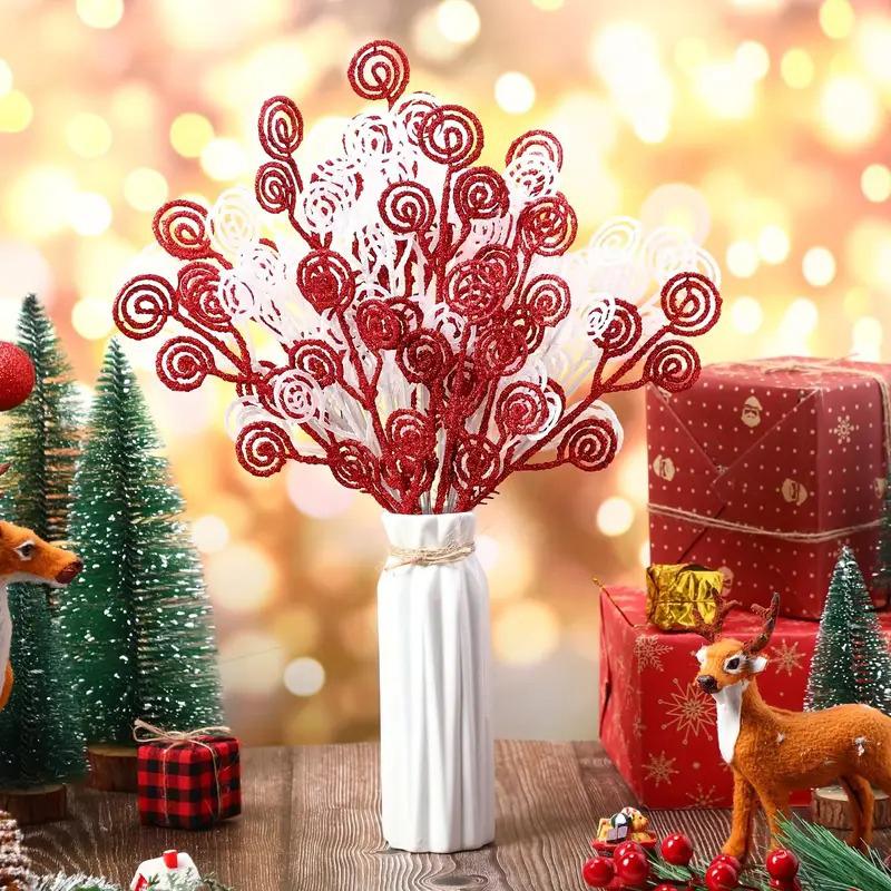 10 Stück/Set Lockiger Baum Pick Weihnachten Künstlicher Stiel Pick Hochzeit Spray Zweig Glitzer Baumdekoration Ornament Vasenfüller 5 Farben