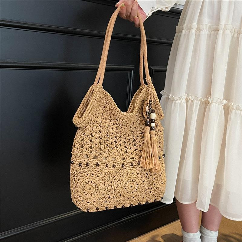 Bolso Tejido Hecho a Mano para Mujer, Bolso Sencillo de Viaje para Playa, Bolso de Hombro Único de Color Sólido con Cuentas Huecas y Borla