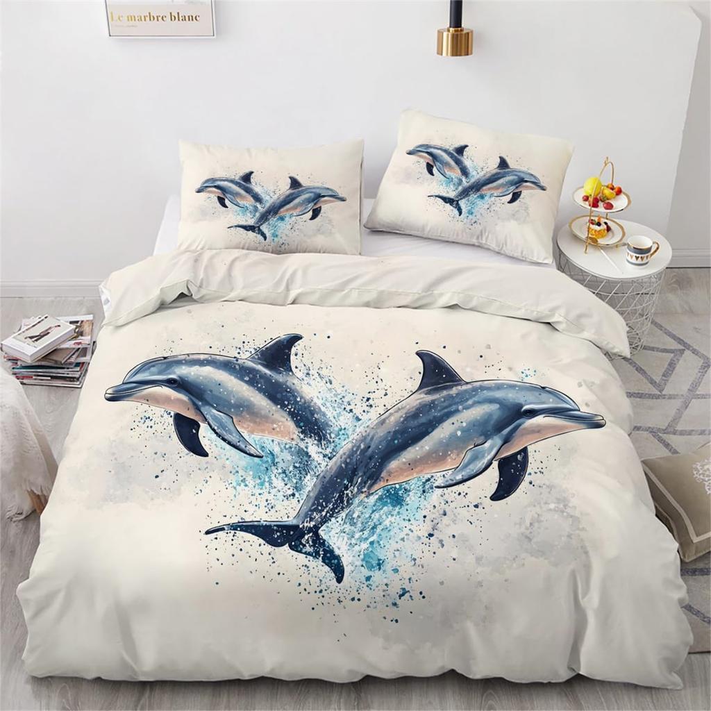 Delfin-Paar Bettwäsche-Set Bettbezug-Set 2-teilig, Mikrofaser Bettwäsche Bettdeckenbezug-Sets mit Kissenbezügen Aquarellkunst Bettbezug