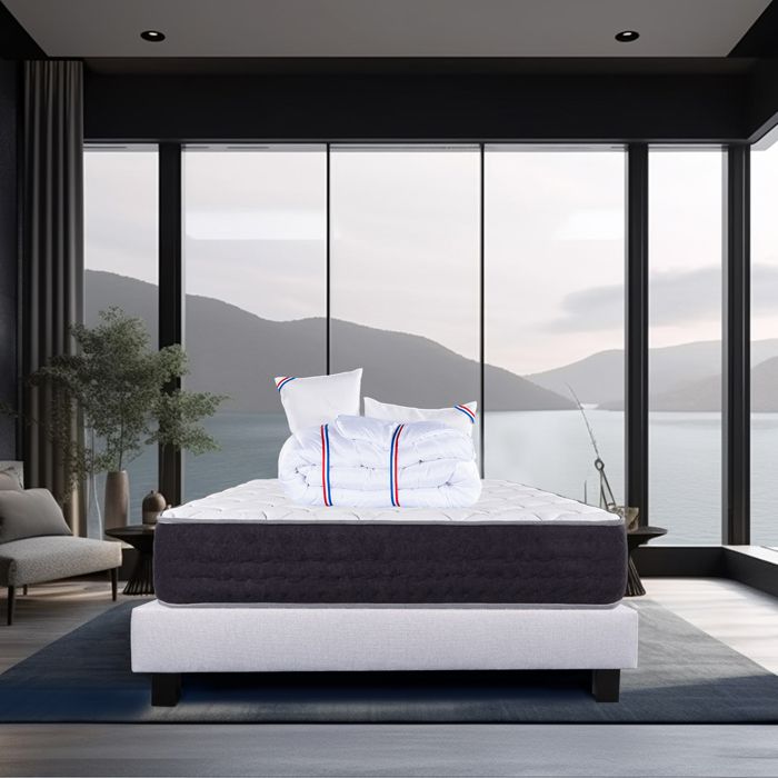 Ensemble Matelas 140x190 cm, Sérénité, 27 cm, ressorts ensachés, ferme, face été/hiver + sommier gris ep20cm + 2 oreillers + couette