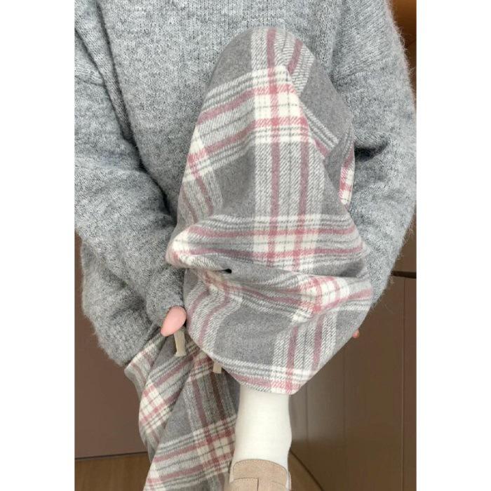 

Gray Plaid High-Waisted Wool Wide-Leg Pants for Women - Retro Casual Autumn/Winter Straight Leg L розовый