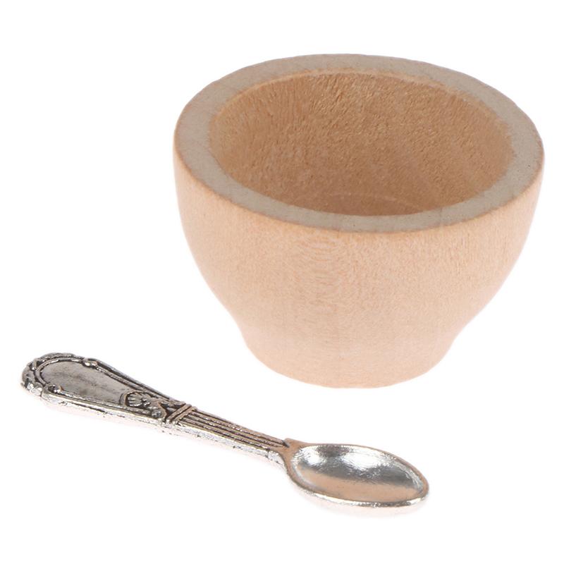 4pc/Set Dollhouse Miniature Furniture Small Wooden Bowl Spoon Model Diy Accessories For Kids