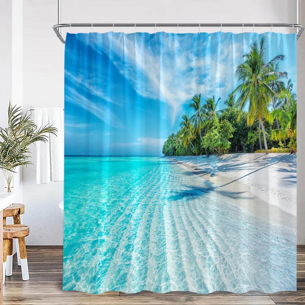 Beach Shower Curtain Seaside Landscape Coconut Tree Sea Summer Vacation Bathroom Decor Holiday Polyester Bath Curtain with Hook
