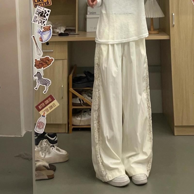 Lace Wide-Leg Pants for Women - Summer Thin High-Waisted Casual Chinese Style White Ice Silk Cooling Trousers