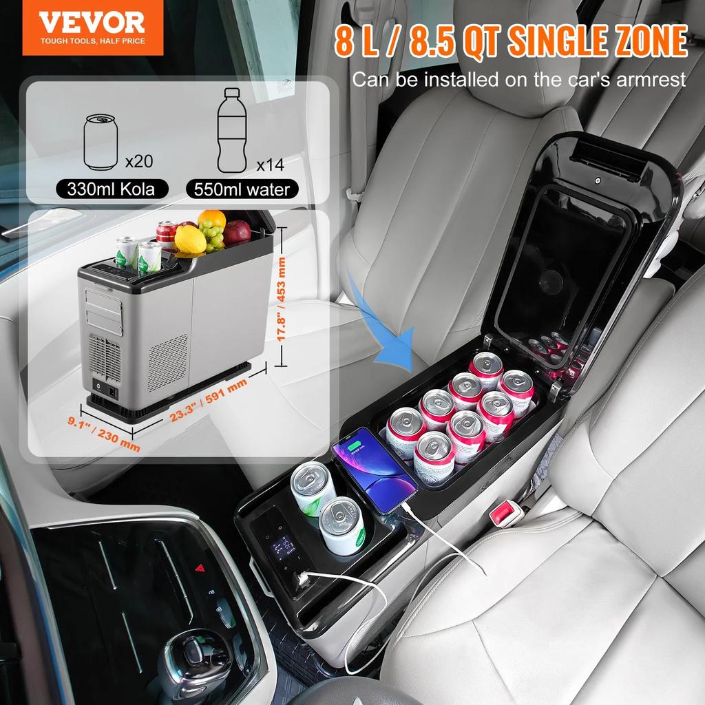 VEVOR Refrigerador de Coche, Refrigerador de Brazo de Coche de 12 Voltios, Congelador Portátil de Zona Única de 15 L, Rango Ajustable de -4 °F a 68 °F