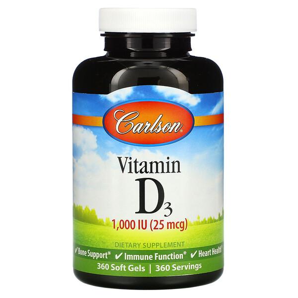 💰Kaufe Carlson, Vitamin D3, 25 mcg (1,000 IU), 360 Soft Gels zum besten