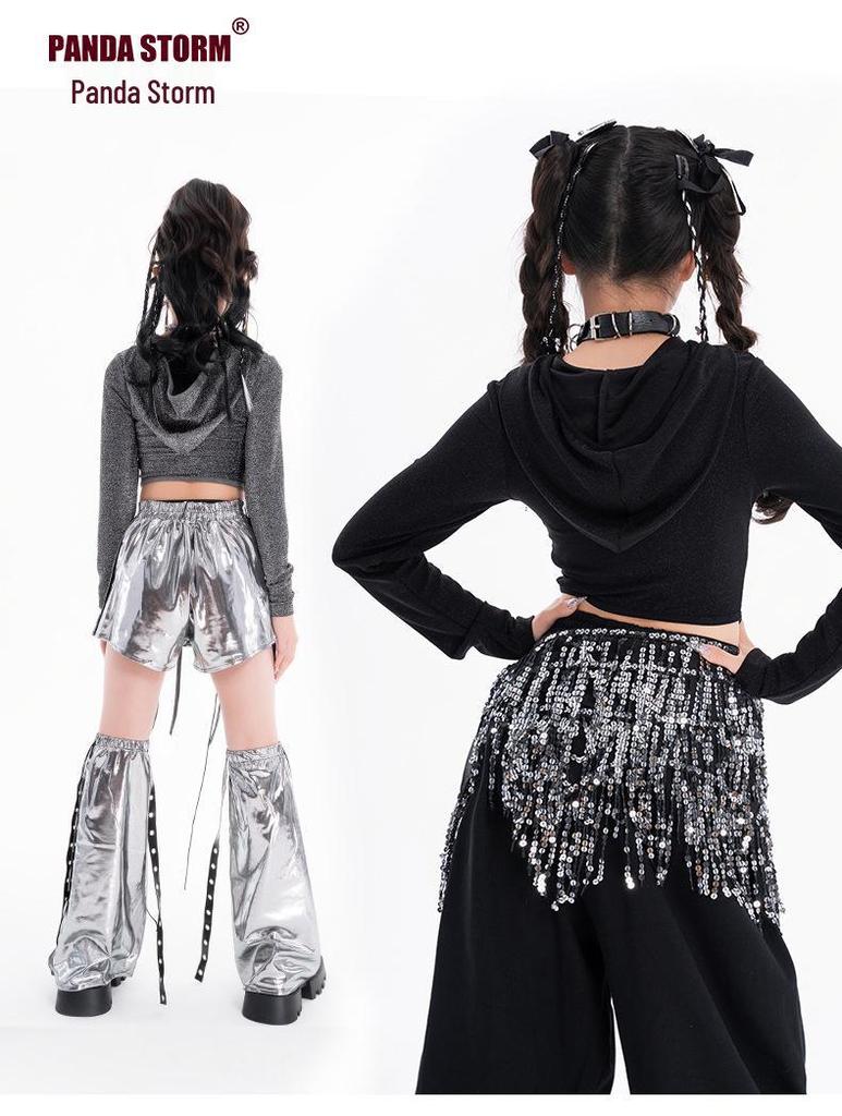 Girls' Sparkly Jazz Dance Long-Sleeve Outfit: Fashionable Street Dance T-shirt & Pants Set