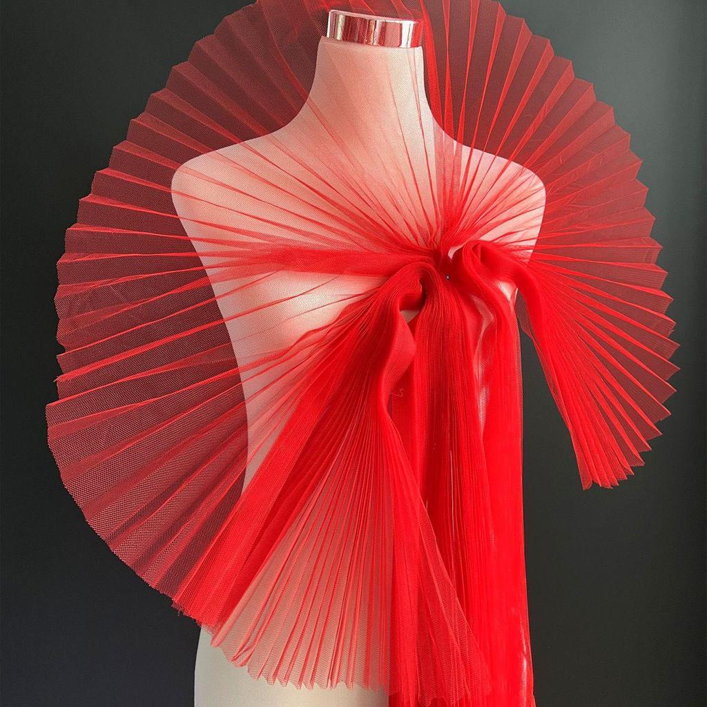 Graduated Designer Handmade Textured Stiff Net Yarn Pleated Fabric
