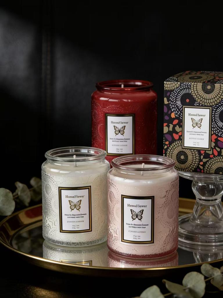 Elegant Embossed Glass Candle Set - Smokeless Soy Wax Aromatherapy for Home