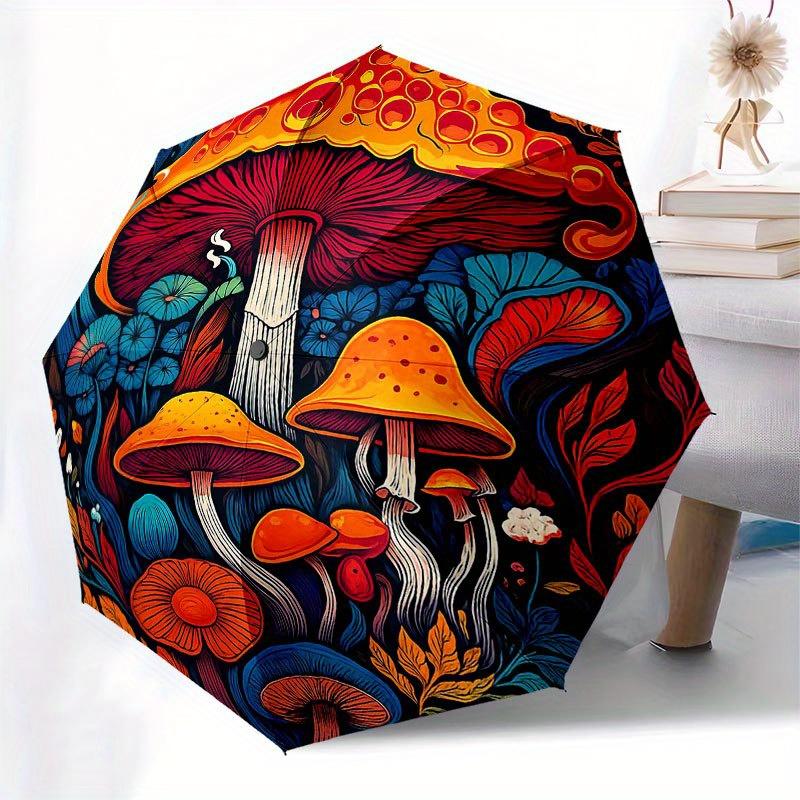 Colorful Mushroom Garden Wall Decal Umbrella, Cute Umbrella with Cute Design, Portable 3-Fold Compact Umbrella for Men & Women, Valentine's Day Mother