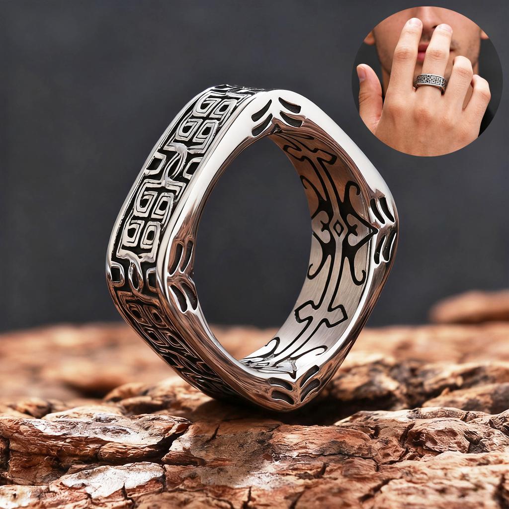 HX Silver Men's Ring Retro Square Round Pangu Trend Personality Domineering Handmade Ring Jewelry Accessories