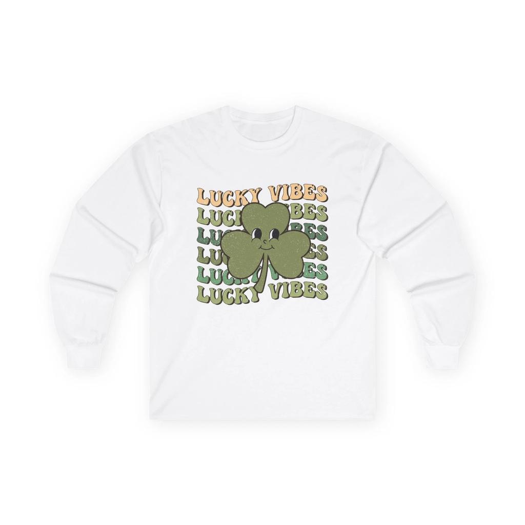 Lucky Vibes Shamrock Long Sleeve Tee | St. Patrick's Day Retro Text