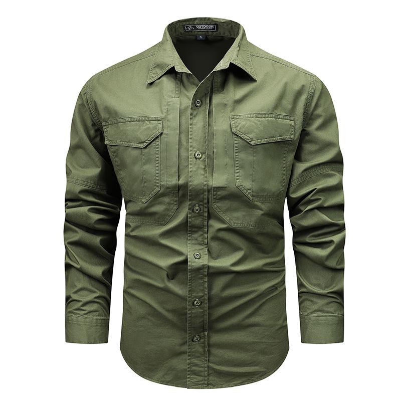 European American Men s Pure Cotton Multi-pocket Long Sleeve Lapel Work Shirt L армия зеленый