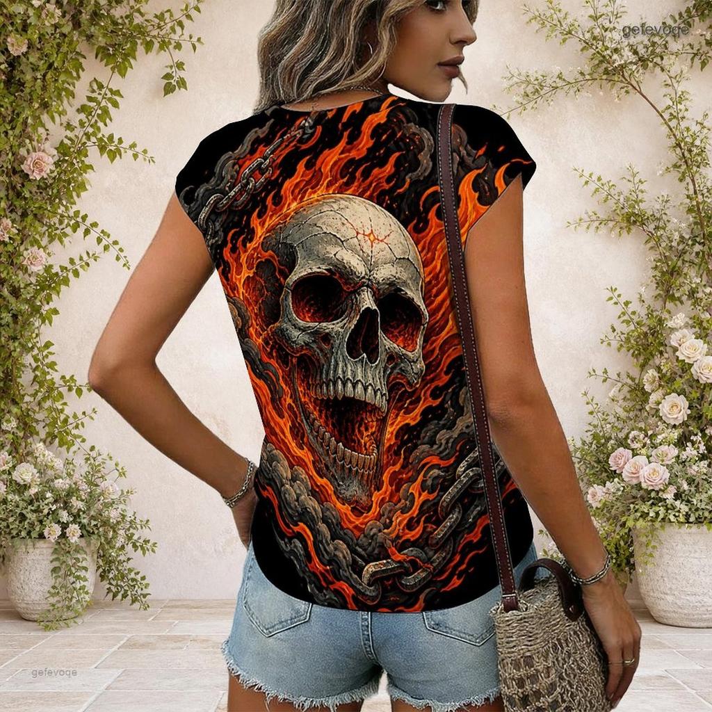 Women Plus Size V Neck Wide Short Sleeve Fire Phoenix Printed Black Straight Hem T Shirt
