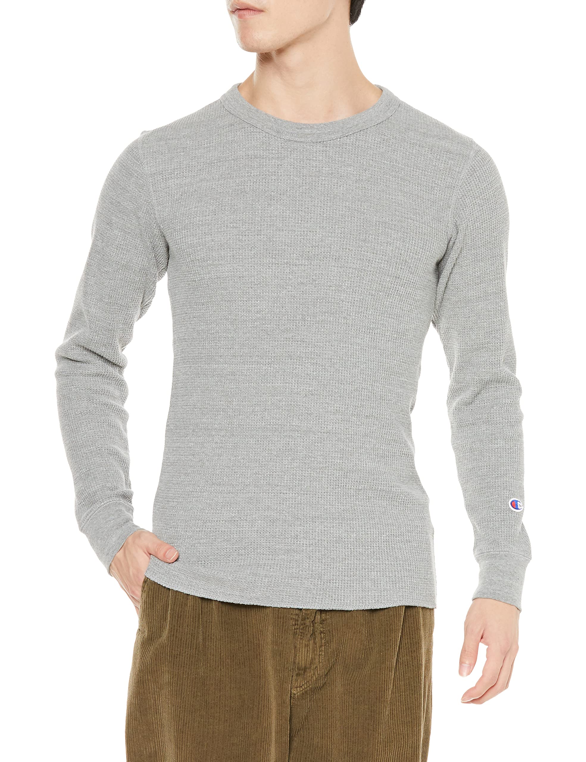 

Champion Basic Long Sleeve Waffle Crew Oxford Size Men s T-Shirt, Print, Neck, Gray, XL, C3-W402