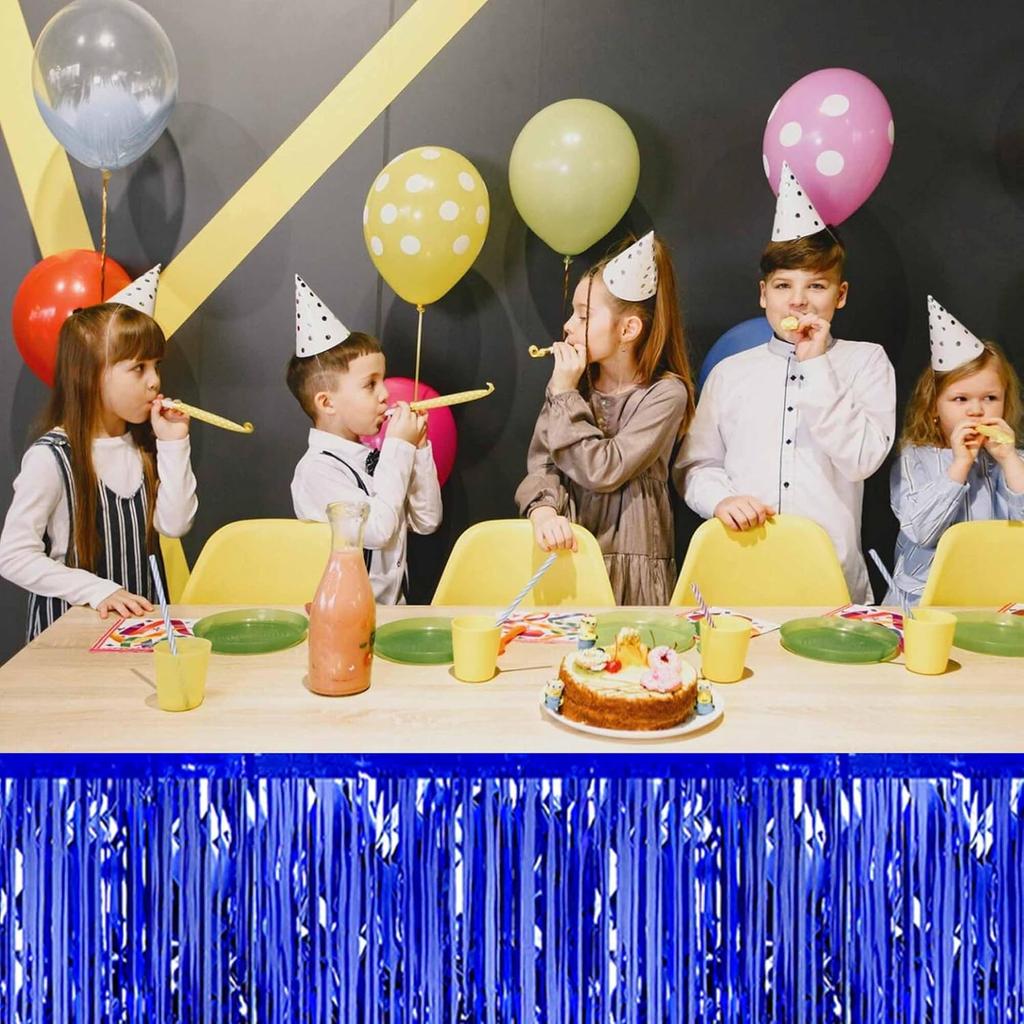 3 Pack 29 x108 Inch Blue Foil Fringe Table Skirts Metallic Banner for Tel Streamer Garland Backdrop for Parade Floats Mother's Day, Graduate,