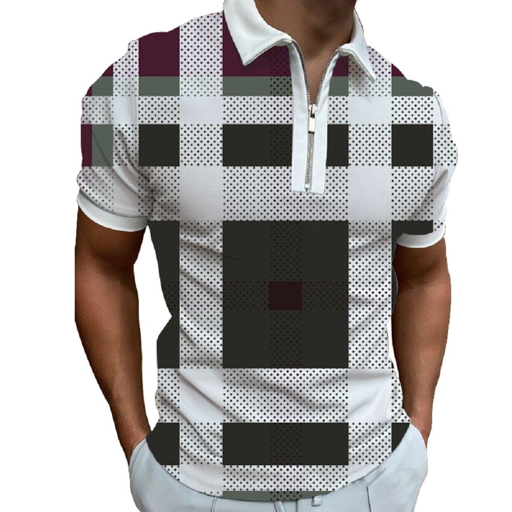 Men's summer fashion striped printed short sleeved zipper polo shirt