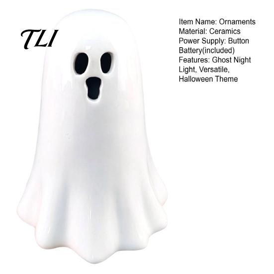 Cute Ghost Decor Ceramic Hollow Night Light, Halloween LED Glow Light Lamp, White Ceramics Figurine for Holiday Party Decoration Unique Gifts