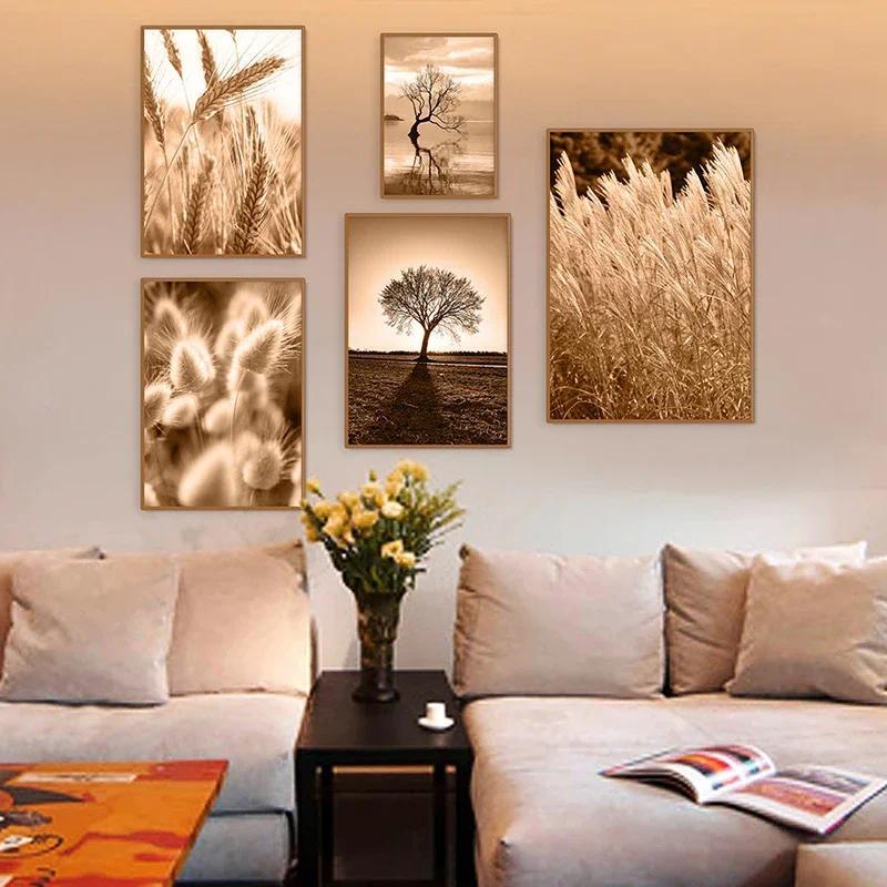 Canvas Painting Autumn Natural Poster Sunset Tree House Grass Reed Wheat Wall Art Print Pictures Living Room Home Decor