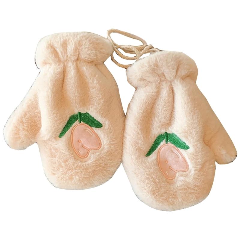 

Sweet Girls White/Beige Plush Gloves Full Finger Warm Mittens with Embroidery Flower Mittens for Women Winter Supplies