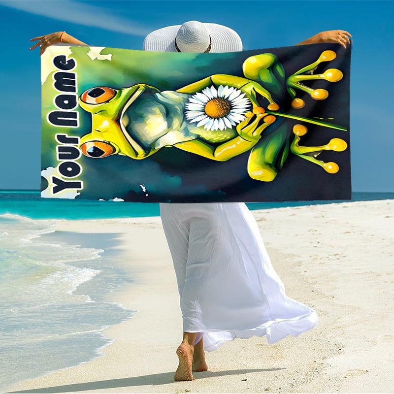 1PC Custom Name Frog Daisy Flower Beach Towel Highly Absorbent And Sand-Resistant Towel for Swimming, Pool, Yoga, And Travel Lightweight